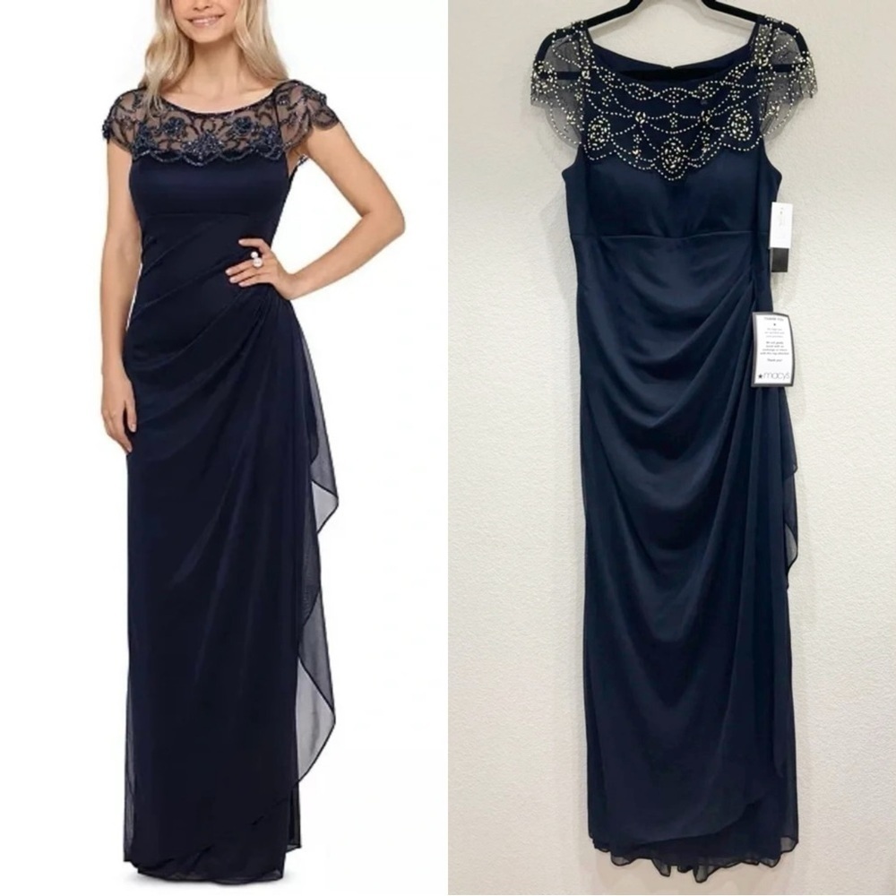 Size 8 - NWT Xscape Navy Embellished-Neck Gown